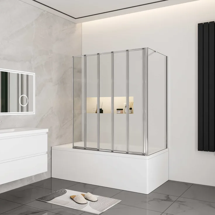 Duschparadies 5 tlg. Faltwand Glas Badewannenaufsatz 120x80x140cm, Duschabtrennung aus 10mm ESG Sicherheitsglas mit NANO-Beschichtung, schwarzer Aluminiumrahmen