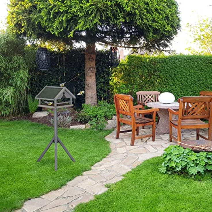 Relaxdays Vogelfutterhaus mit Ständer, wetterfestes Dach, Holz Vogelhaus, HBT: 120x62x55 cm, Futterhaus Wildvögel, grau – Bild 2