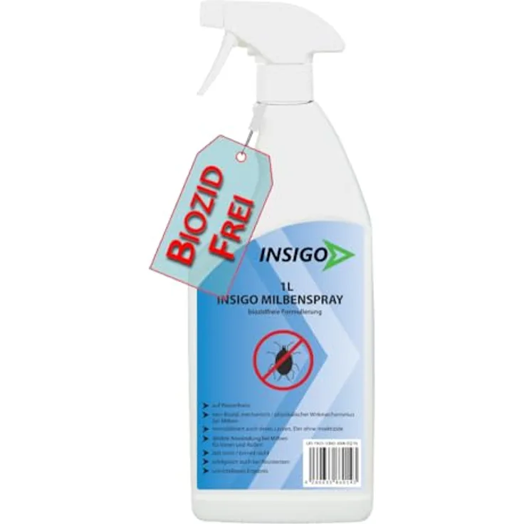 INSIGO Biozidfreies Milben Abwehr 1L – Mittel für Hausstaubmilben abwehren – Milbenspray für Matratzen – Fleckenfrei – Deutsche Qualitätsmarke
