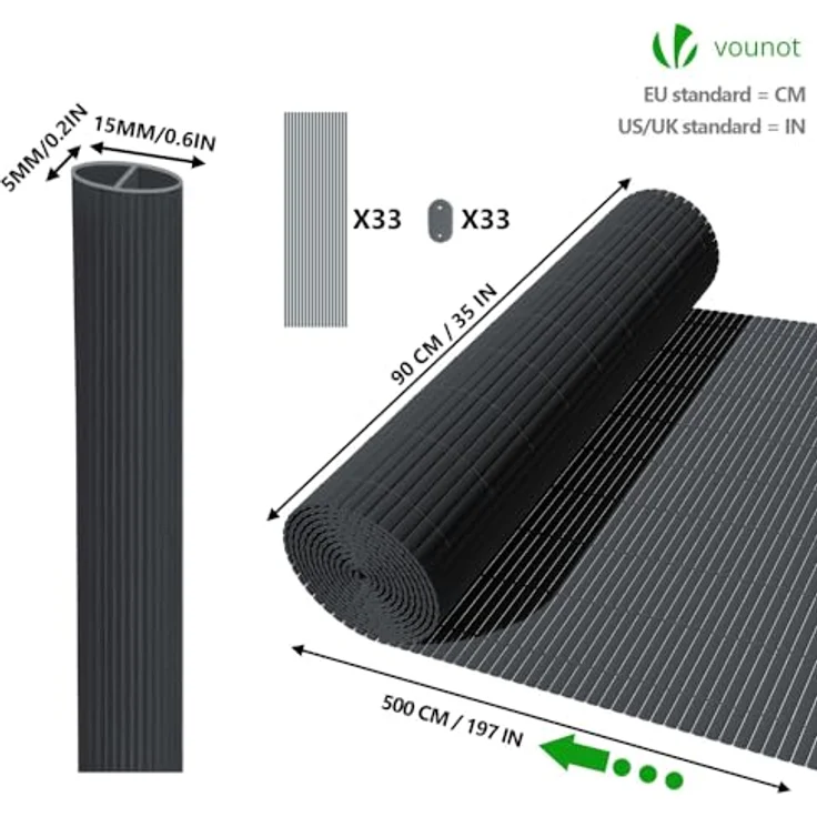 VOUNOT PVC Sichtschutzmatte, 90 x 500 cm, verstärkt, grau, ideal für Garten, Balkon und Terrasse, wetterfest und pflegeleicht – Bild 5