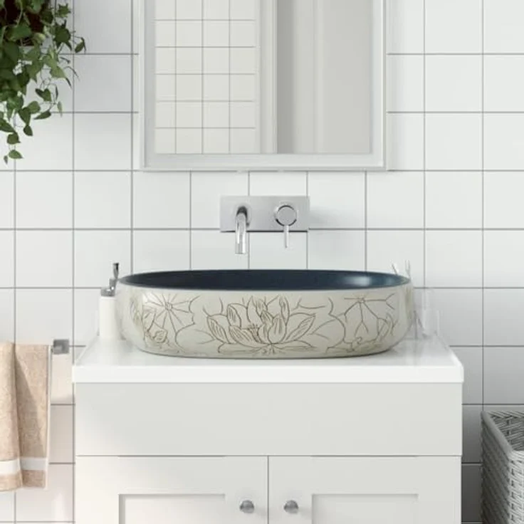 vidaXL Aufsatzwaschbecken, Sandfarben und Blau, Handgefertigt aus Keramik, Exquisites Vintage-Muster, 59 x 40 x 14 cm – Bild 2