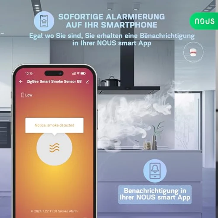 NOUS E8 ZigBee Smart Rauchmelder, fotoelektrischer Sensor, TÜV Rheinland zertifiziert, 85 dB Alarm, kompatibel mit Alexa und Google Home, für Wohnungen und Büros – Bild 3