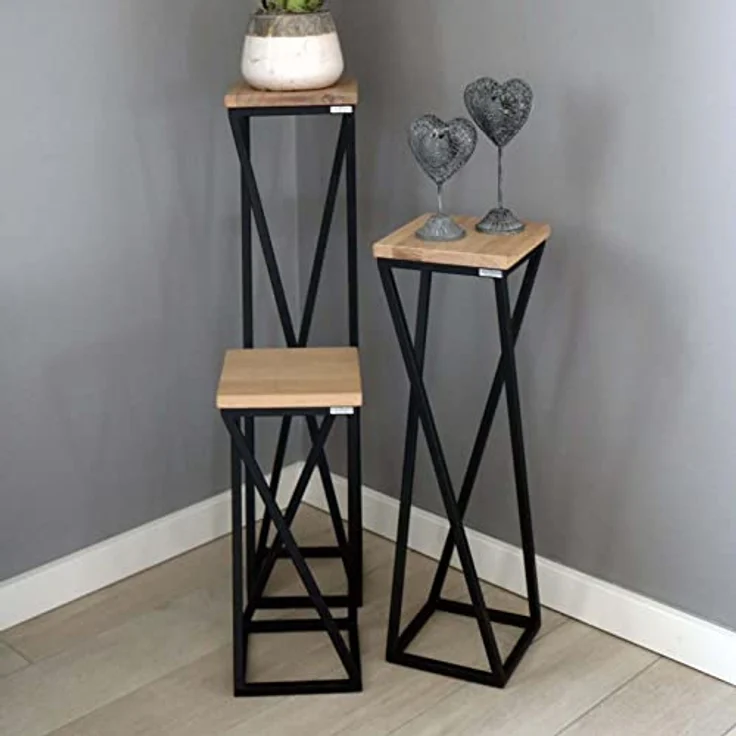 holz4home® Blumenständer Blumenständer, X-Streben - Eiche hellgrau/Schwarz, Loft-/Industrial-Style – Bild 7