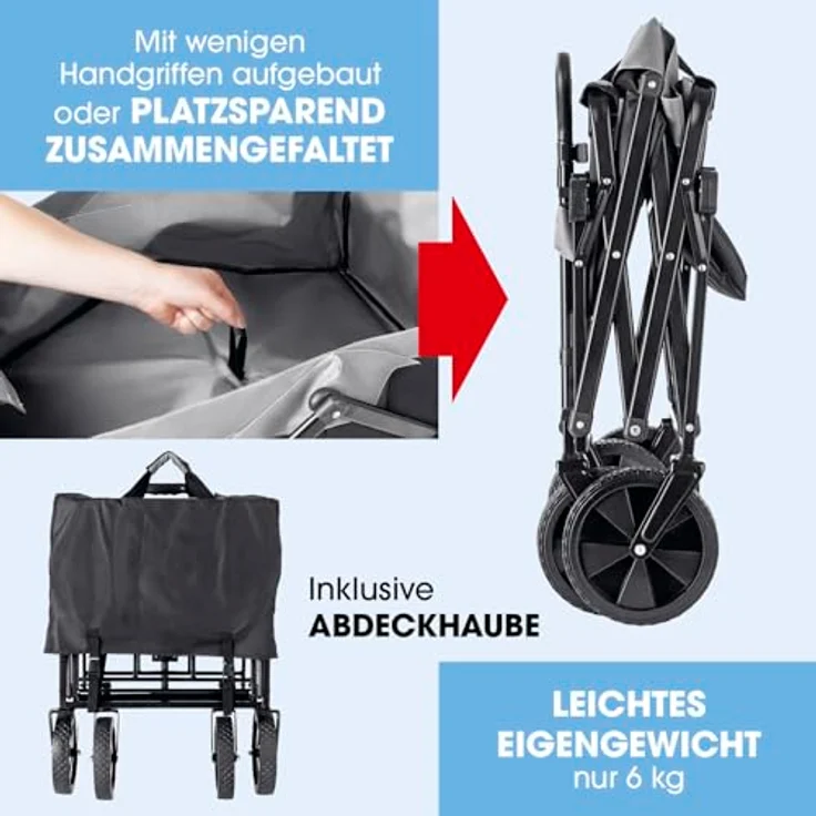 EASYmaxx Bollerwagen mit Dach faltbar, klappbarer Handwagen bis 80 kg belastbar, kompaktes Design, ausziehbarer Teleskopgriff, 360° Vorderräder, Schwarz – Bild 5
