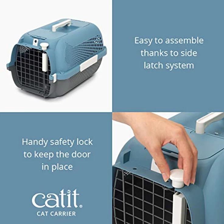 Catit Voyageur Transportbox, Tiertransportbox für Katzen mit Streichelklappe und Futternapf, blau-grau – Bild 3