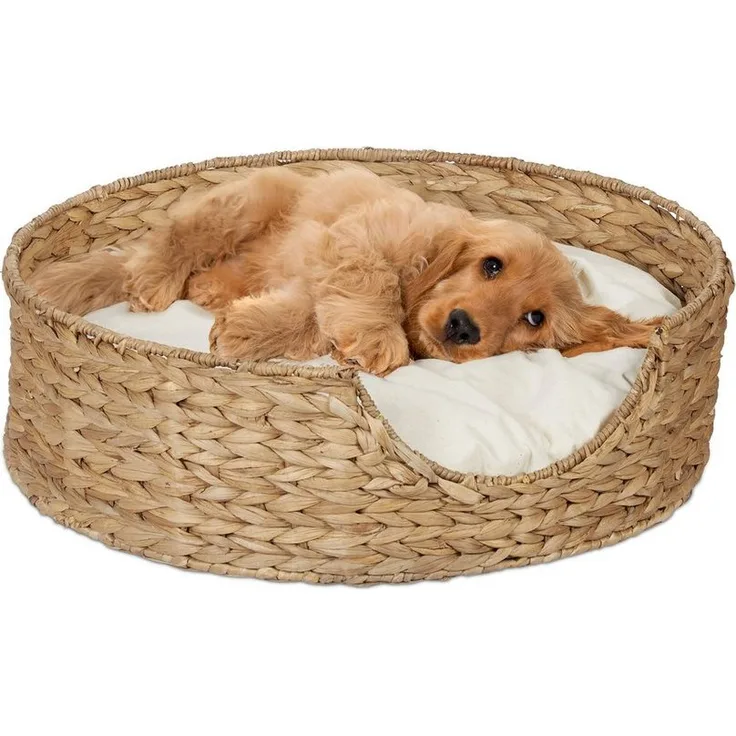 relaxdays Tierbett Tierbett für Hunde und Katzen, aus geflochtenem Seegras, inkl. Baumwollkissen, Natur/Creme