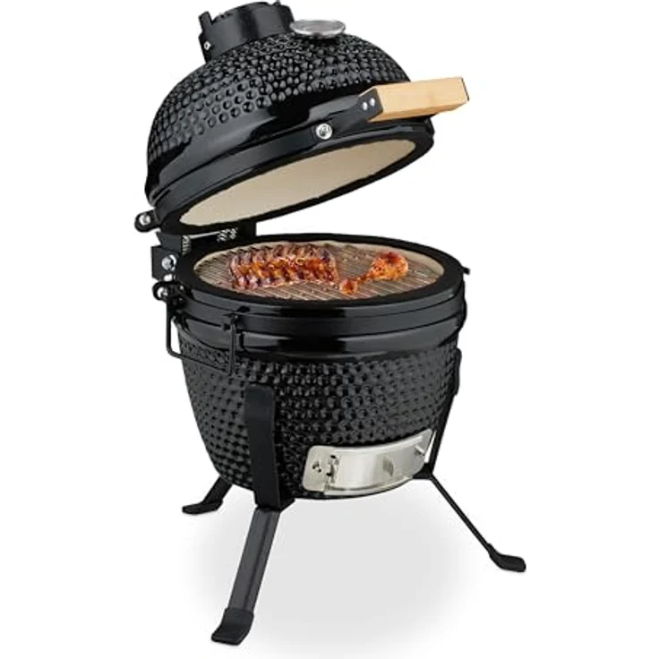 Relaxdays Kamado Ø 26 cm Keramikgrill mit Thermometer bis 450 °C BBQ Grillen Kochen Backen Smoker Schwarz – Bild 1