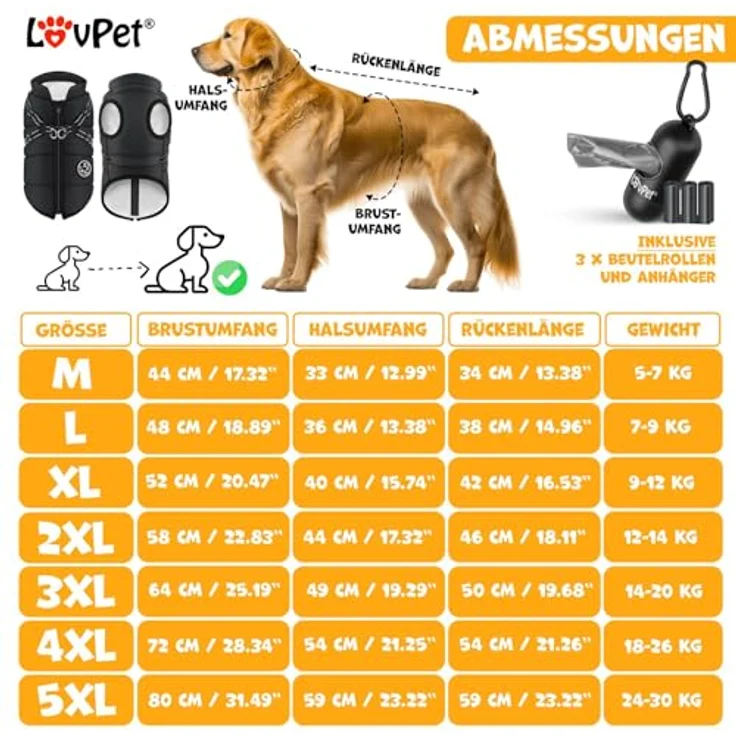 Lovpet Hundejacke Hundemantel mit Geschirr, inkl. 45 Stück Kotbeutel + Spender, Winterweste gefüttert wasserdicht, Gepolsterte Weste Mit Brustgurt, Reflektoren, D-Ring 2XL, Schwarz – Bild 2