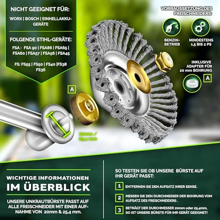 tillvex Benzin-Rasentrimmer tillvex® Unkrautbürste Wildkrautbürste Motorsense Freischneider, (Packung) - Profi Unkrautbürste für Freischneider mit 36 Stahldrahtbürsten, hitzebeständig und langlebig, inkl. Montagezubehör – Bild 3