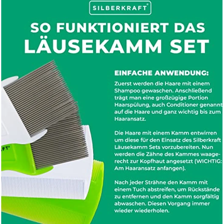 Silberkraft Flohkamm Silberkraft Läusekamm Set - Effektive Läusebekämpfung, Edelstahlzinken, für Mensch und Tier, hygienisch (1-tlg) – Bild 3