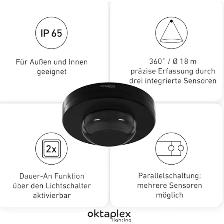 Oktaplex motion Pia Bewegungsmelder 360 Grad PIR Deckenmontage, IP65, 230V, Präsenzsensor für Innen und Außen, 18m Reichweite, schwarz – Bild 2