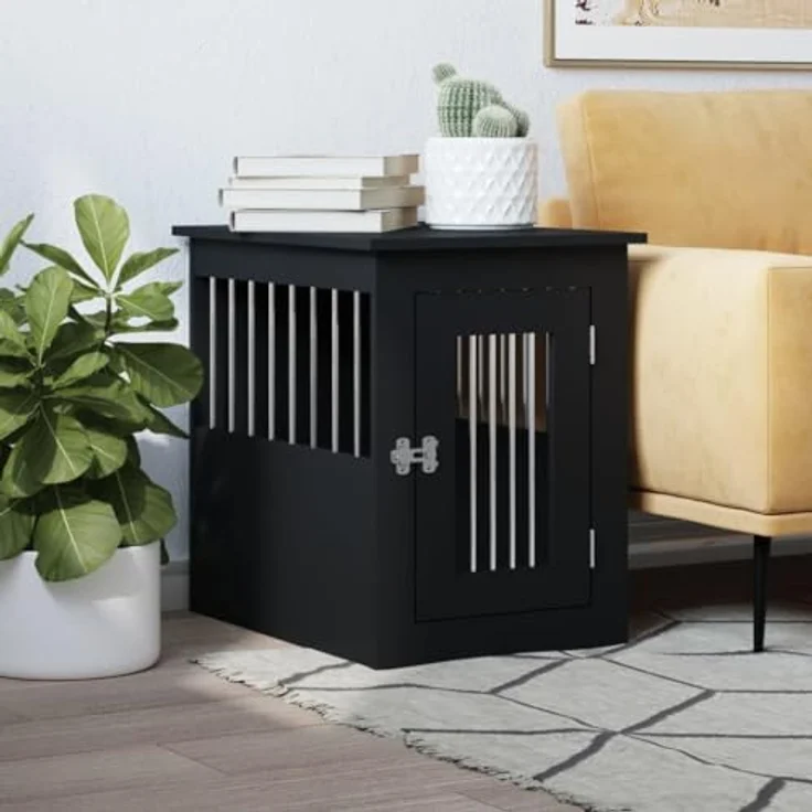 vidaXL Hundekäfig im Möbelstil, Abschließbar Hundebox mit Tür, Hundehütte Beistelltisch mit 2-in-1-Funktion, Hundehaus Haustierkäfig, Schwarz 45x62x59 cm Holzwerkstoff – Bild 2