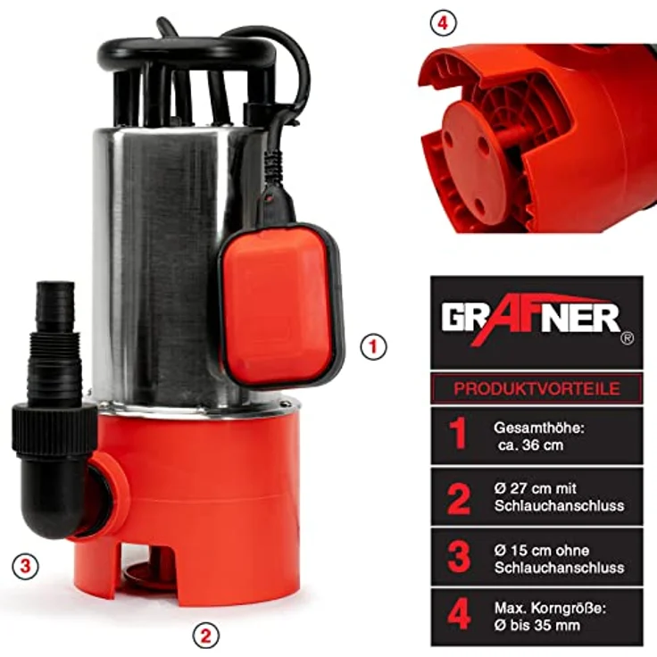 GRAFner Schmutzwassertauchpumpe 1100 Watt 20.000 l/h Schmutzwasserpumpe Tauchmotorpumpe – Bild 4