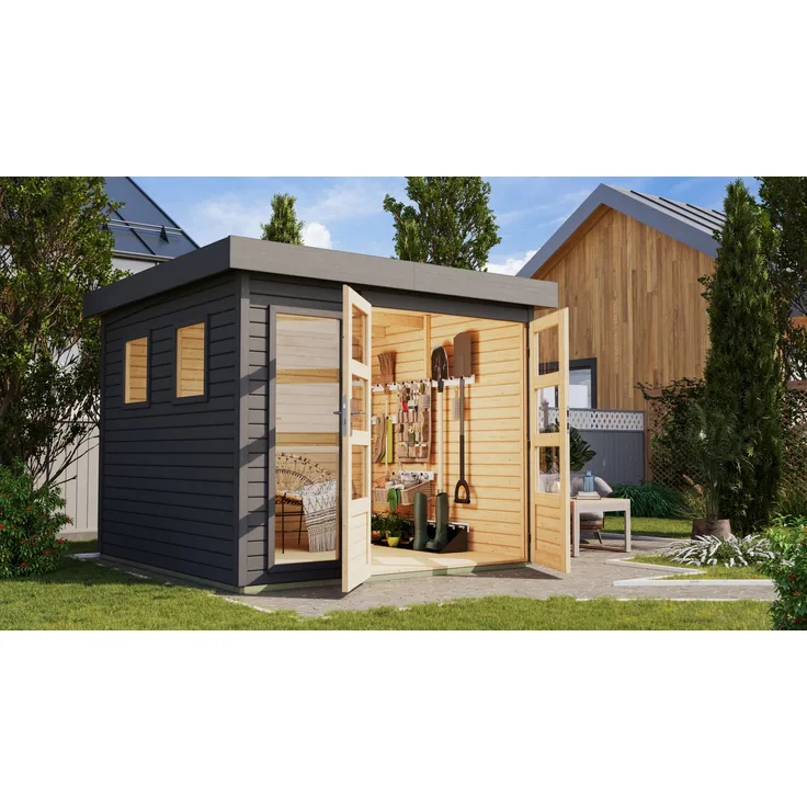 Karibu Gartenhaus Gerätehaus Lahar 3,5, vielseitig nutzbar, terragrau, 242x246x211 cm