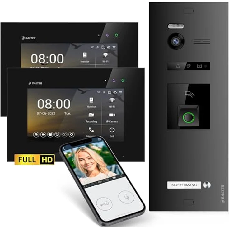 Balter EVO HD Video-Türsprechanlage, 7-tlg. Komplettset mit 2x 7 Zoll Monitoren, Fingerprint, RFID, Full HD, 175° Weitwinkel, 2-Draht Technologie – Bild 1