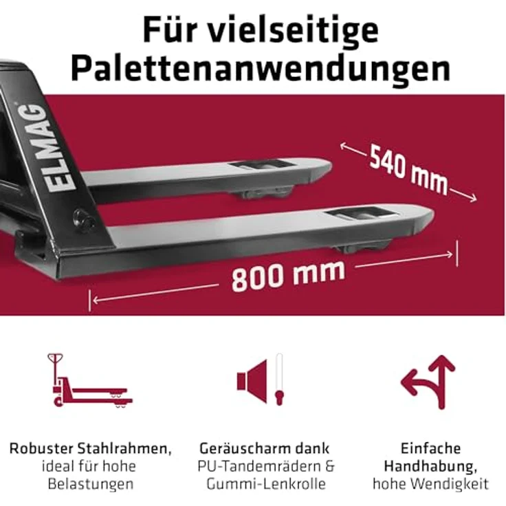 ELMAG Handhubwagen kurz HWK 2500, Palettenwagen mit 2500 kg Tragkraft, 800 mm Gabellänge, 540 mm Gabelbreite, Gummiräder & Polyurethan-Tandemrollen für mühelosen Transport – Bild 4