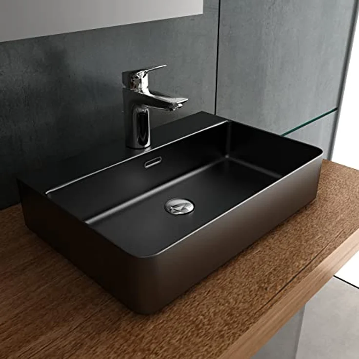 Alpenberger Waschbecken 60 cm | Aufsatzwaschbecken Schwarz Matt Gäste WC | Keramik Waschbecken Eckig | Aufsatzwaschbecken mit Überlauf & Hahnloch | Lavabo Badwaschtisch mit Nano – Bild 2