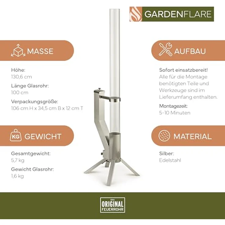GARDENFLARE Feuerrohr – Edelstahl Feuersäule und Pelletfackel für Tolles Ambiente-Feuer (Silber) – Bild 4