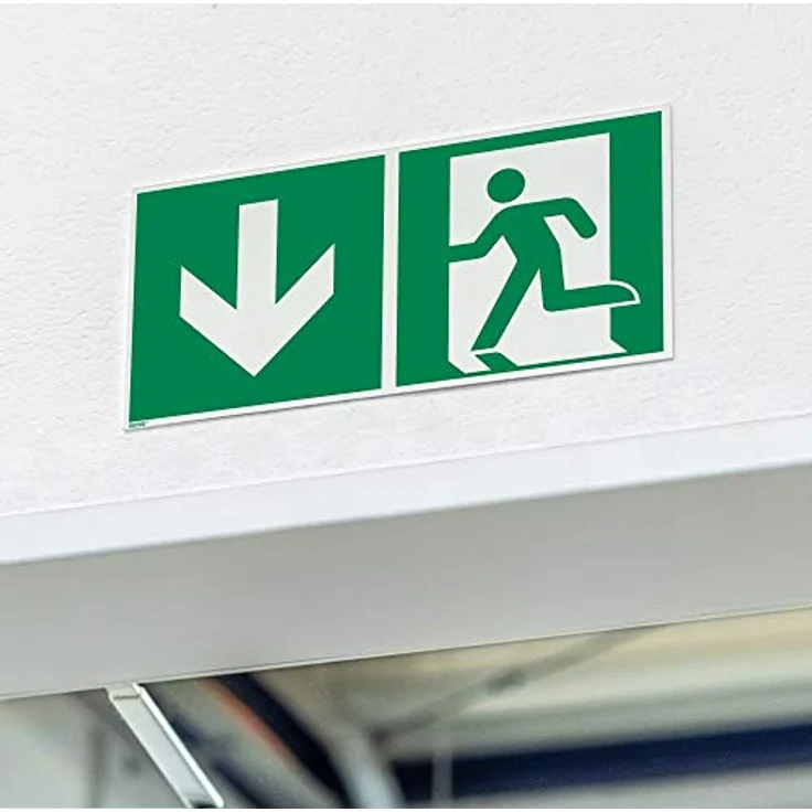 Notausgang abwärts, Aluminium, langnachleuchtend, 300 x 150 mm gemäß ASR A1.3 / ISO 7010 E001, Rettungszeichen Schild, 30 x 15 cm – Bild 3