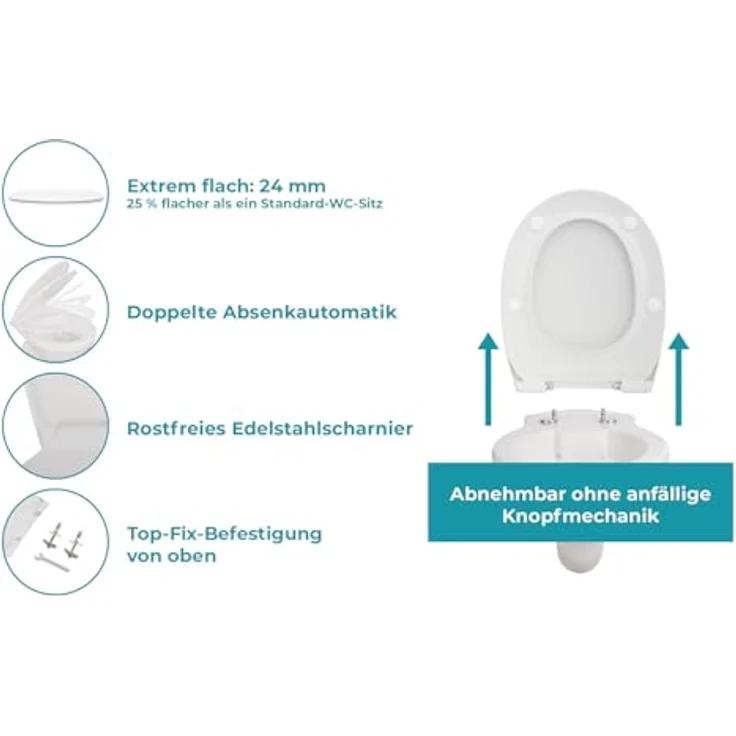 Calmwaters WC-Sitz Flach Absenkautomatik Weiß Duroplast O-Form Slim, antibakteriell, robust, abnehmbar, mit Edelstahl-Scharniere – Bild 2