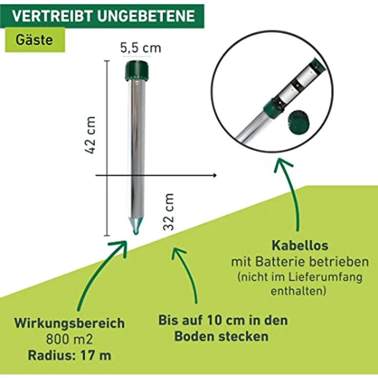 Windhager Wühlmaus Wühlmausvertreiber Aluminium, Wühlmausabwehr, Maulwurfvertreiber, Maulwurfabwehr, Wühlmausschreck, Wirkungsbereich ca. 800m², 02130, Silber, Reichweite – Bild 3