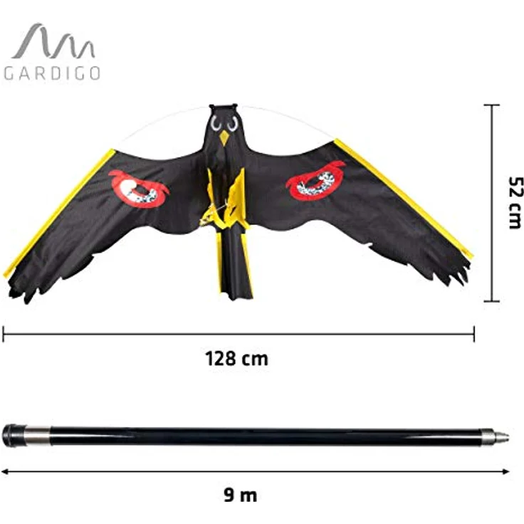 GARDIGO® Vogelscheuche Drachen | 9m Glasfaser Teleskopstange Extra Lang I Vogelabwehr für den Garten | Vogelschreck für Kirschbaum, Rasen, Feld | Vogel Abschreckung Drache Teleskopstab – Bild 3