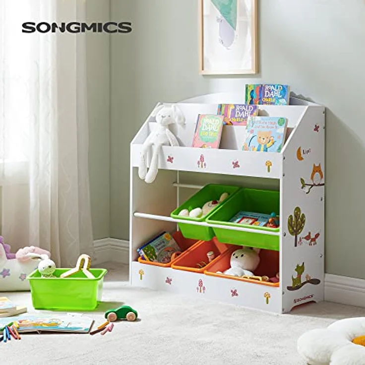 SONGMICS Aufbewahrungsschrank für Kinder, 3-stöckiges Bücherregal und 6 herausnehmbare Behälter für Kinderzimmer, Kindergarten, Mehrfarbig, weiß, GKR44WTV1 – Bild 2