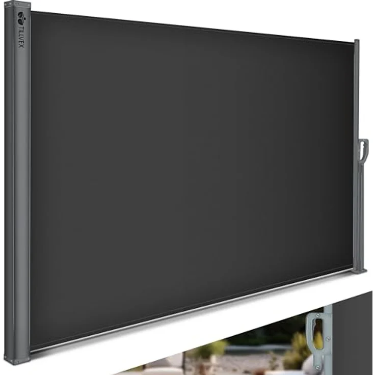 tillvex® Seitenmarkise 160 x 300 cm ausziehbar & Blickdicht | Sichtschutz für Balkon, Garten & Terrasse | Seitenrollo mit Wandhalterung | Sonnenschutz aus rostfreiem Stahl | Markise Windschutz – Bild 1