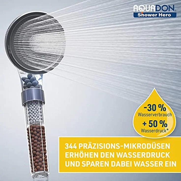 Aquadon Shower Hero – wassersparender Duschkopf mit Mineralsteinen – Duschbrause mit 3 Wasserstrahl-Einstellungen – druckerhöhender Sparduschkopf mit Filter-Funktion für weiches Wasser – Bild 2
