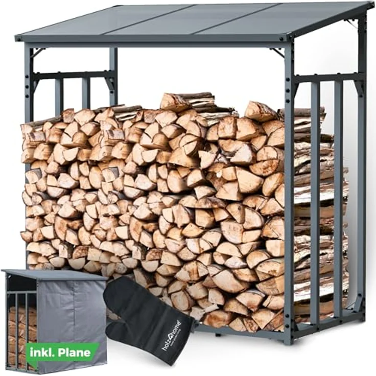 holz4home® Kaminholzregal Außen, Holzlager mit Überdachung, 140 x 70 x 145 cm, inkl. Ofenhandschuh, robuste schwarze Metallkonstruktion – Bild 1