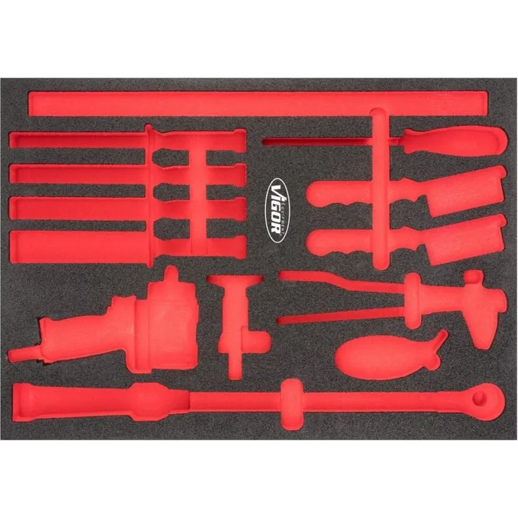 Vigor 2K Weichschaum-Einlage leer, System-Koffer, Maß L (563 x 393 x 35 mm), öl- und fettresistent, rot markierte Mulden für Ordnung