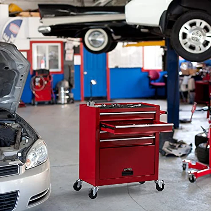 Arebos Werkstattwagen Rollwagen Werkzeugkiste Toolbox, mit Werkzeug, 81-tlg. Werkzeugset, (Komplett-Set) - Robuster Stahl, 4 Schubladen inkl. Werkzeuge, Antirutschmatten, kugelgelagerte Schubladen – Bild 2