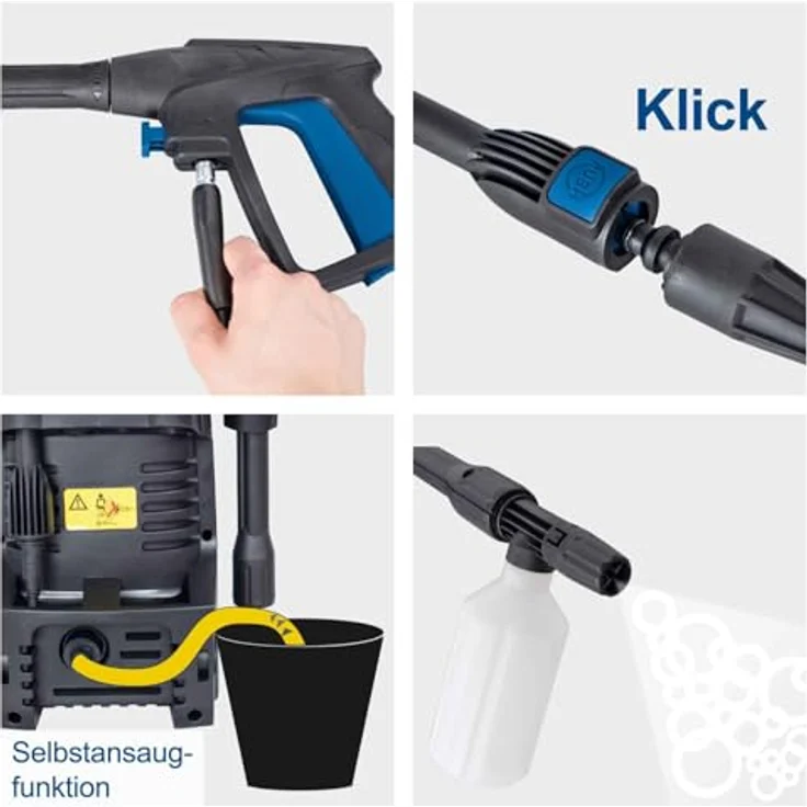 Scheppach Hochdruckreiniger HCE1400 mit Selbstansaugfunktion | 1400W Leistung | max. 110 bar Druck | Quick-Connect-System | 3m Hochdruckschlauch | inkl. Reinigungslanze & Zubehör – Bild 6