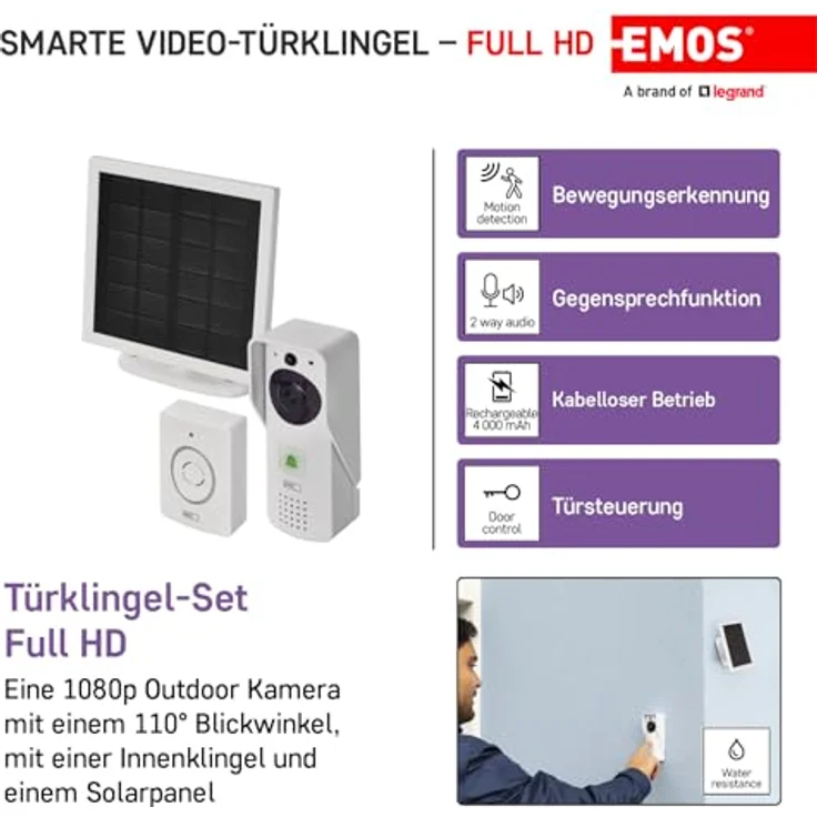 EMOS GoSmart IP-09D, Smart Home Video Türklingel mit Full HD 1080p Kamera, wasserdicht, Solarpanel/Akku, Klingel- und Türschloss-Steuerung, Google Home & Alexa kompatibel, weiß – Bild 2
