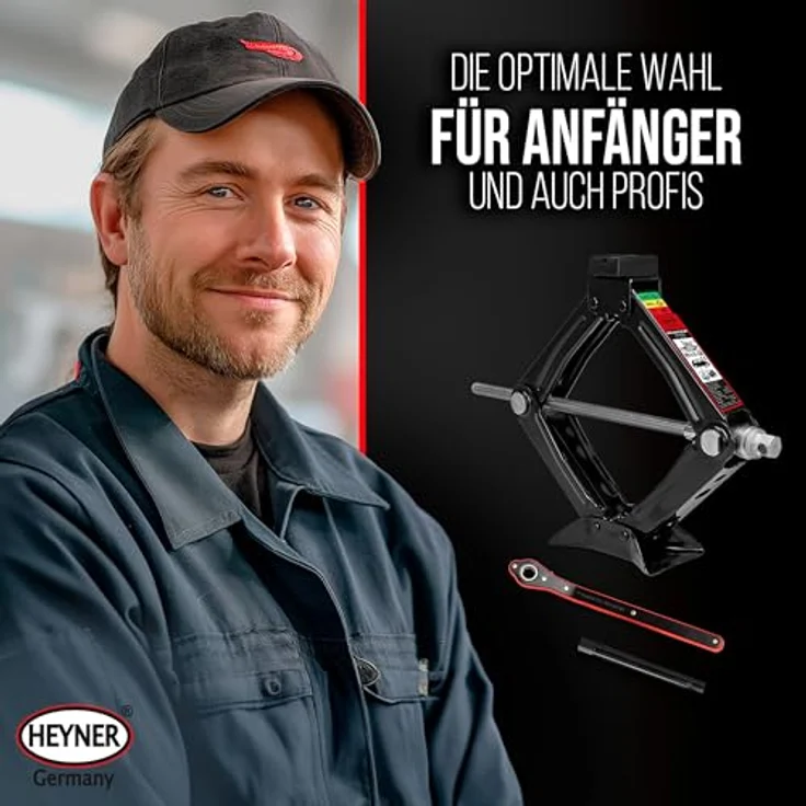 HEYNER® Ultra Lift XS PRO, Scherenwagenheber Set mit drehbarem Sattel, Radmutternschlüssel und Montagehandschuhen, 0,8 t Traglast, Schwarz – Bild 3
