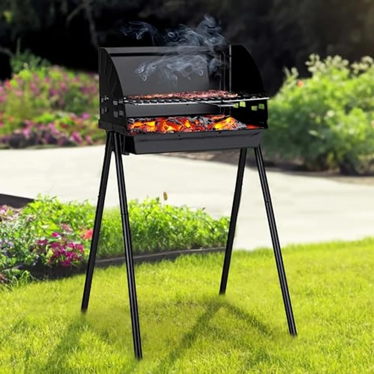 Haushalt International Grill Standgrill Holzkohlegrill mit Windschutz 64256, ideal beim Picknick, Camping, höhenverstellbarer Grillrost - Preisvergleich – Bild 2