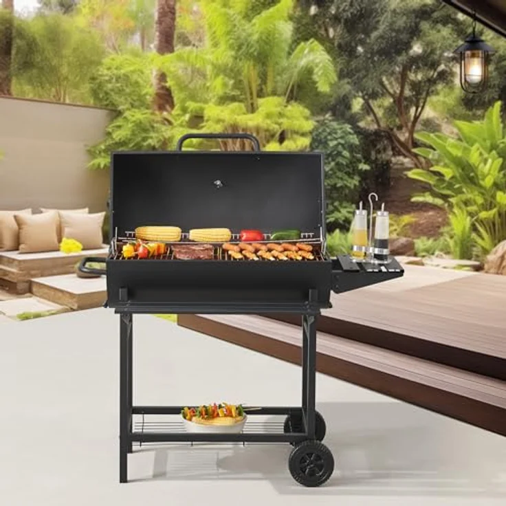 casa.pro Grillwagen Armento Holzkohlegrill mit Deckel BBQ Grillrost aus emailliertem Edelstahl Gartengrill 2 Räder Deckelthermometer 95x108x61cm Schwarz – Bild 1