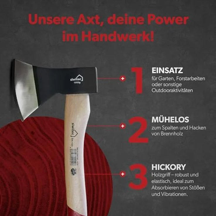 siwitec Holzaxt SH-100, Spaltaxt mit 1000 Gramm Kopfgewicht, Axt zum Holz spalten mit Hickory-Stiel und C45 Carbon Klinge, Beil, Spalthammer – Bild 3