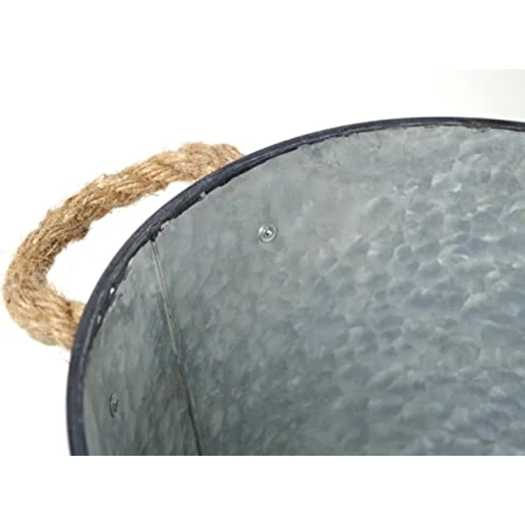 Kobolo Pflanztopf Pflanzgefäß Übertopf rund aus Metall Silber 3er Set Zinkblech Optik, rustikaler Vintage-Stil mit Seilgriffen – Bild 5