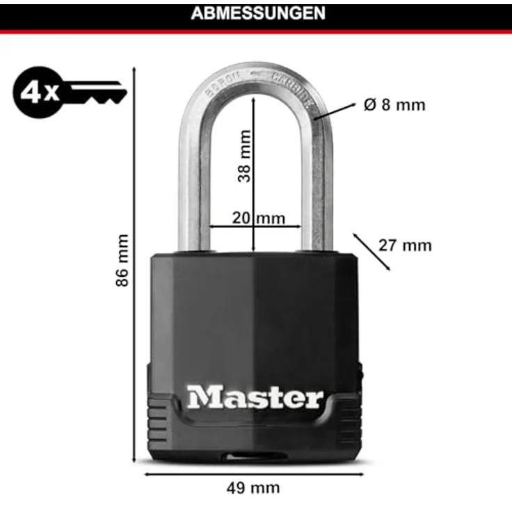 MASTER LOCK Hochsicherheits Vorhängeschloss [Schloss mit Schlüssel] [Beschichtetem Laminiertem Stahl] [Wetterfest] [Medium Bügel] M115EURDLF - Ideal für Lagerräume, Lagerschuppen, Garagen, Zäune – Bild 4