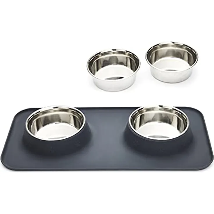 Penguin Home® Set mit 4 Geschlitzten Futternäpfen aus Edelstahl mit Rutschfester Grauer Silikonmatte | Mat 48 x 24 cm Schüssel - 425 ml