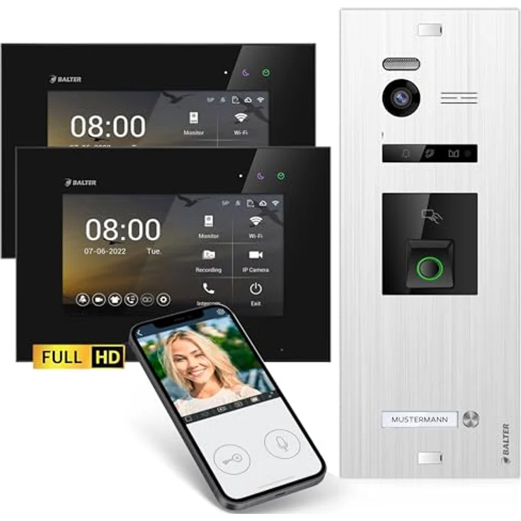 Balter EVO HD Video-Türsprechanlage, Komplettset mit 2x 7 Zoll Monitor, Fingerprint, RFID, Full HD 175° Kamera, App-Steuerung – Bild 1