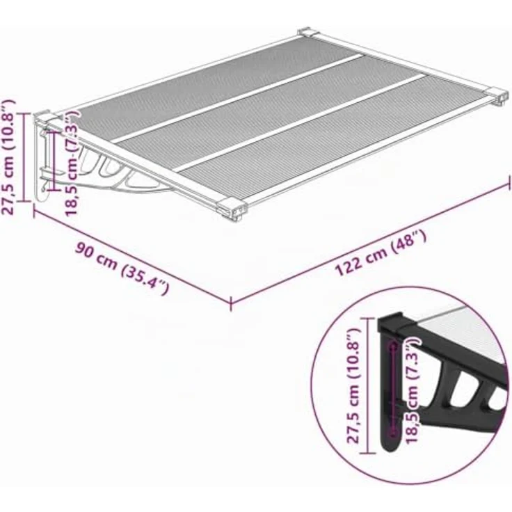 vidaXL Markise Türvordach Schwarz und Transparent 122x90 cm Polycarbonat (1-St) mit stabilem Rahmen und einfacher Montage – Bild 3