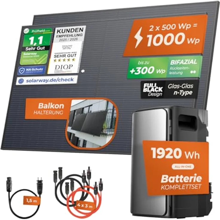 Solarway® 1000Wp / 800W Balkonkraftwerk mit 1,9 kWh EcoFlow Stream Max Speicher, 500W bifaziale Solarmodule, Komplettset mit Zubehör – Bild 2