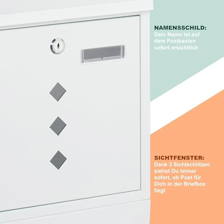 relaxdays Briefkasten mit Zeitungsfach, weiß, modernes Design aus pulverbeschichtetem Eisen, inkl. Zylinderschloss und Sichtfenster – Bild 8