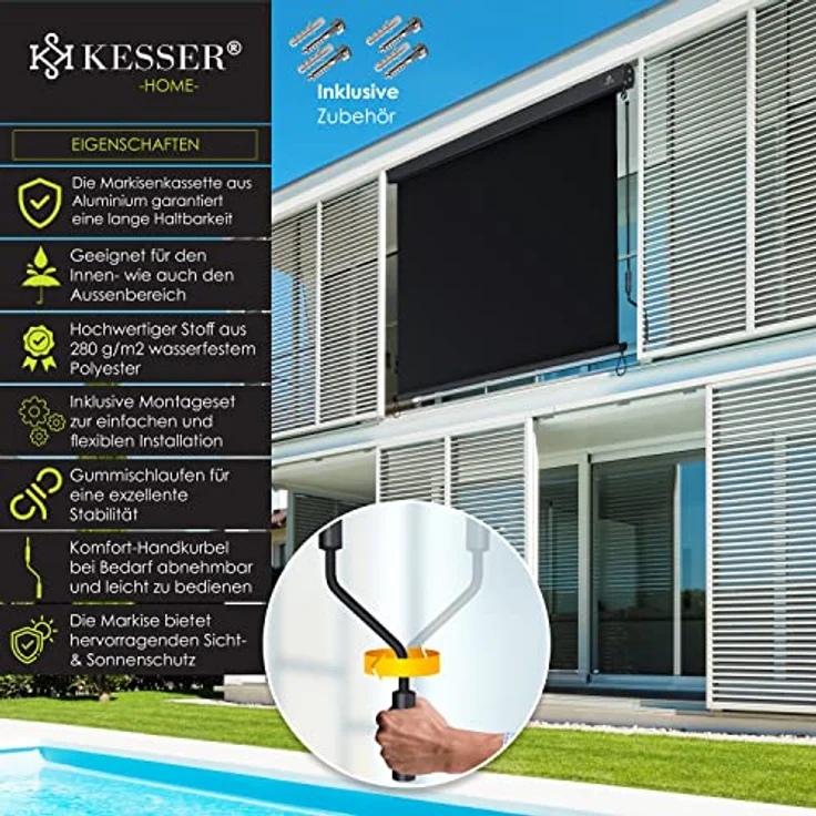 KESSER® Senkrechtmarkise Außenrollo Handkurbelmechanismus Balkonrollo Sonnen-und Sichtschutz, Beschattung Sonnenschutz Außen Rollo mit Kurbel Markisenkasten, Balkon und Terrasse, 180 x 250cm Anthrazit – Bild 2