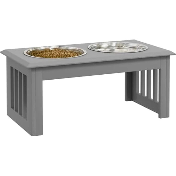 PawHut Hundenapf mit 2 Näpfe, 2 L Futterschüssel, erhöhter Katzen Futternapf, Pflegeleicht, Edelstahl Grau, 58,4 x 30,5 x 25,4 cm – Bild 1