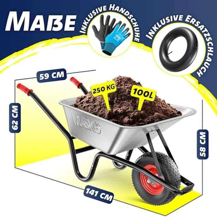 MASKO® Schubkarre 100 Liter, Bauschubkarre für 250 kg Traglast mit Luftreifen und Stahlfelge, verzinktem Rahmen und Ersatzschlauch, inklusive Arbeitshandschuhe – Bild 2