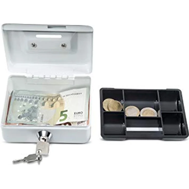 MAUL Geldkassette aus Stahl | mit Münzeinwurfschlitz für Kleingeld | abschließbar und tragbar | 12,5x9,5x6 cm | geeignet als Spardose, kleiner Safe, Tresor, Trinkgeldkasse | Weiß – Bild 5