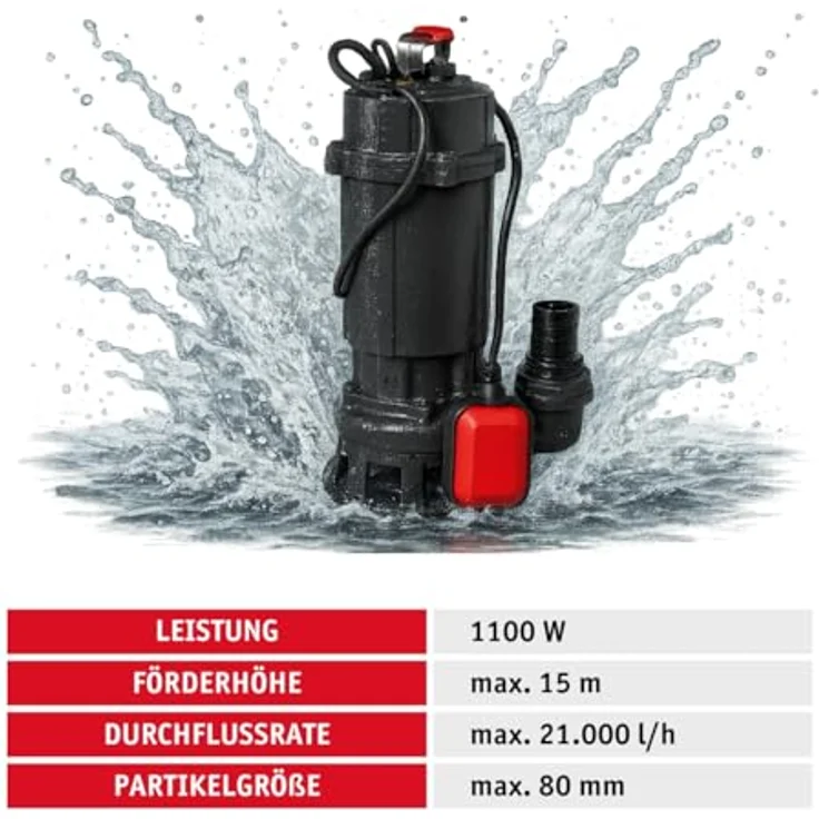 WALTER Schmutzwassertauchpumpe mit Schneidwerk, 1100W, 21.000l/h Fördermenge, max. 15m Förderhöhe, 20m C-Schlauch, 8m Anschlusskabel, Thermoschutz – Bild 3
